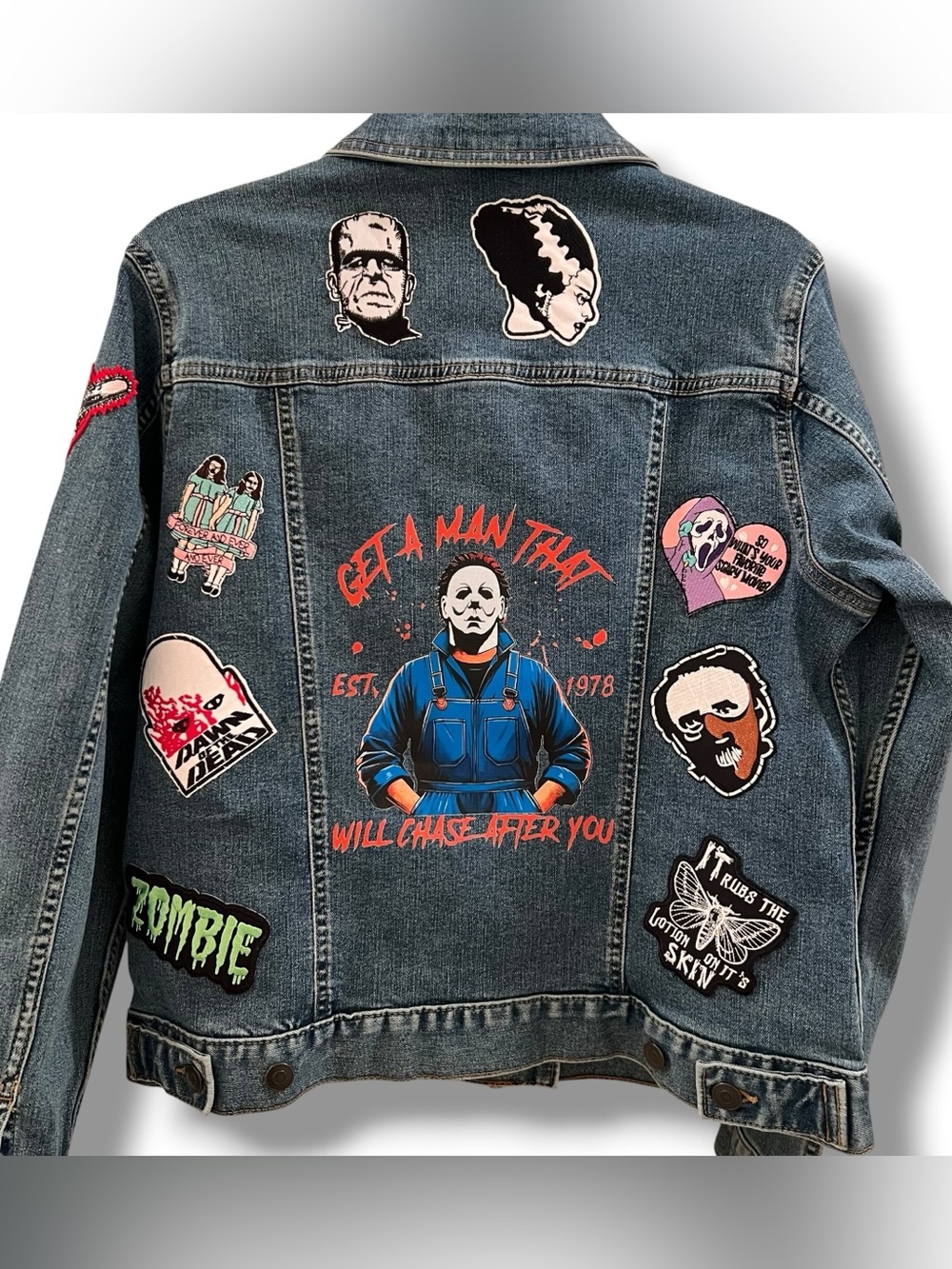 Upcycled Horror Movie Denim Jacket Womens M NWT Slasher Patches Halloween OOAK